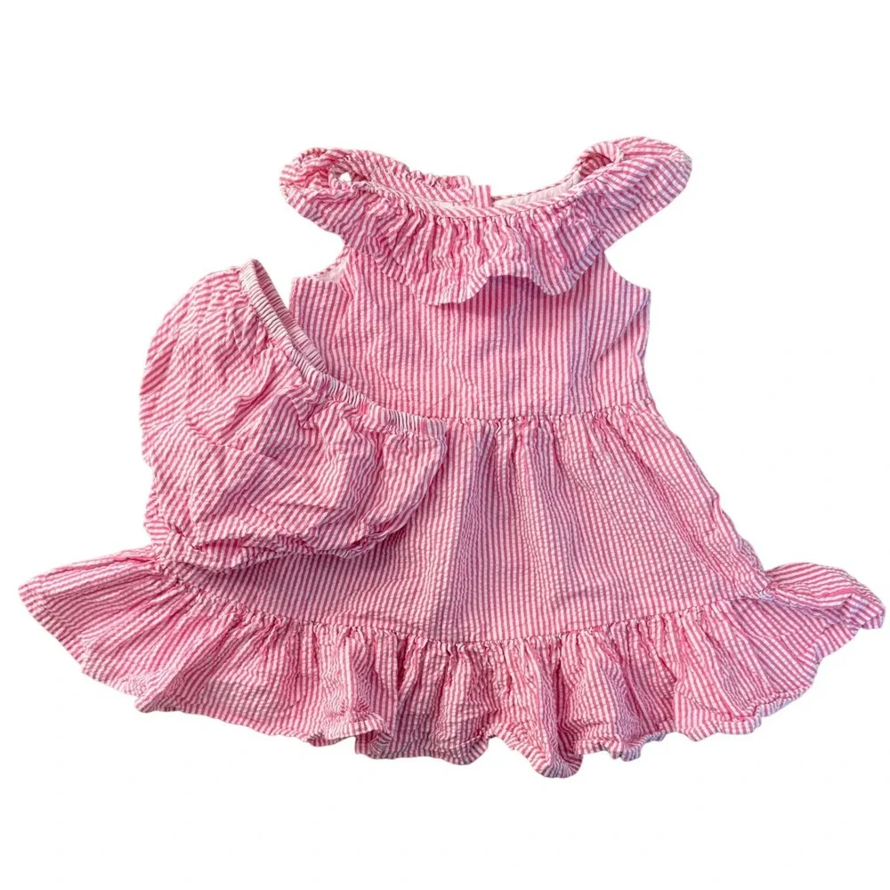Ralph Lauren Baby Girl Pink White‎ Seersucker Stripe Ruffle Dress Set 9M